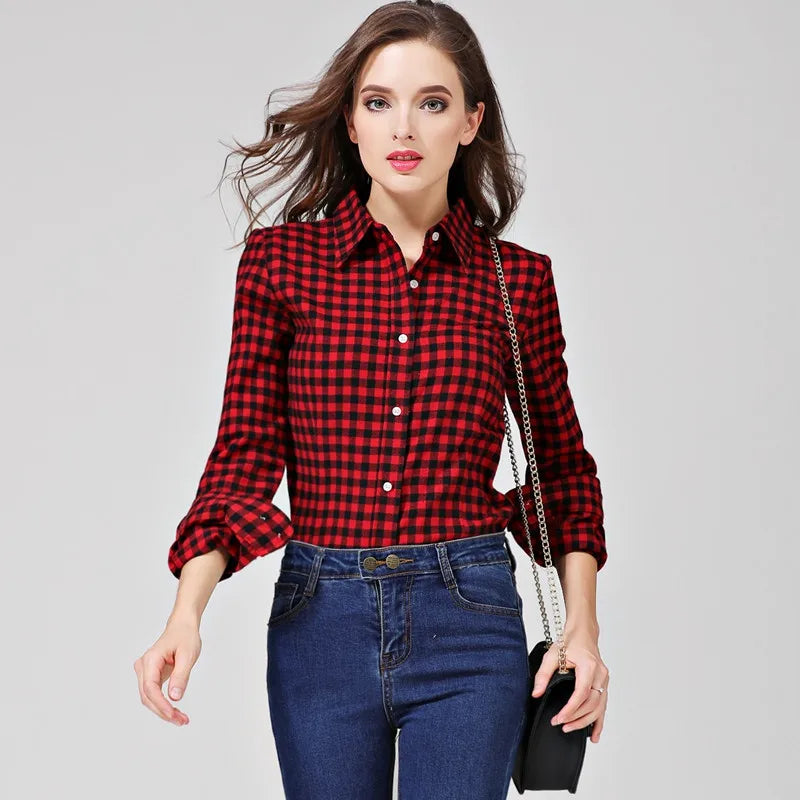 Women's College Style Fine Cotton Plaid Shirt