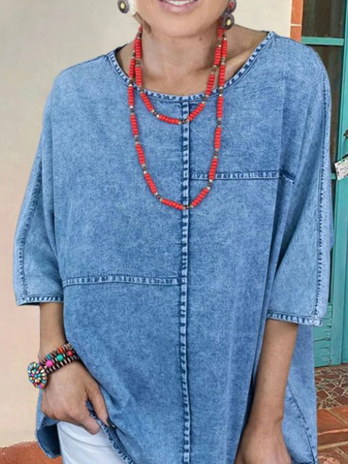 Women's Plus Size Spliced Denim Blouse