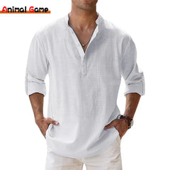 Men's Cotton Linen Henley Beach Shirt