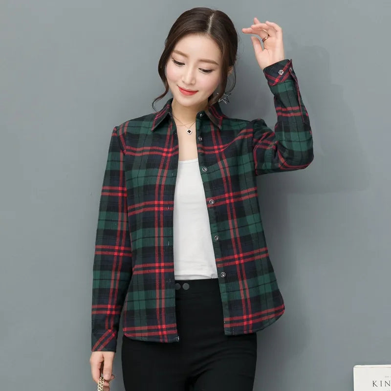 Women's College Style Fine Cotton Plaid Shirt