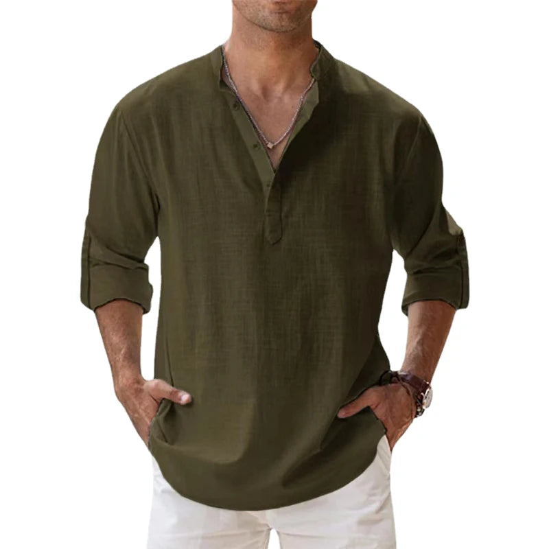 Men's Cotton Linen Henley Beach Shirt