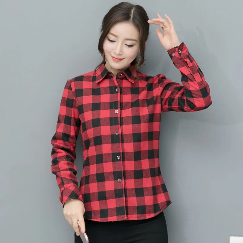 Women's College Style Fine Cotton Plaid Shirt