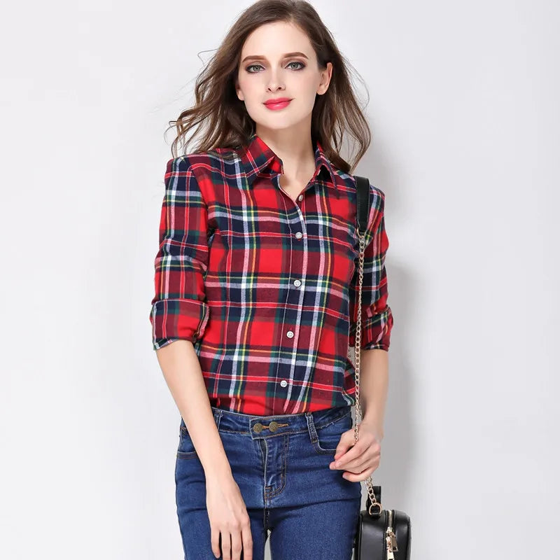 Women's College Style Fine Cotton Plaid Shirt