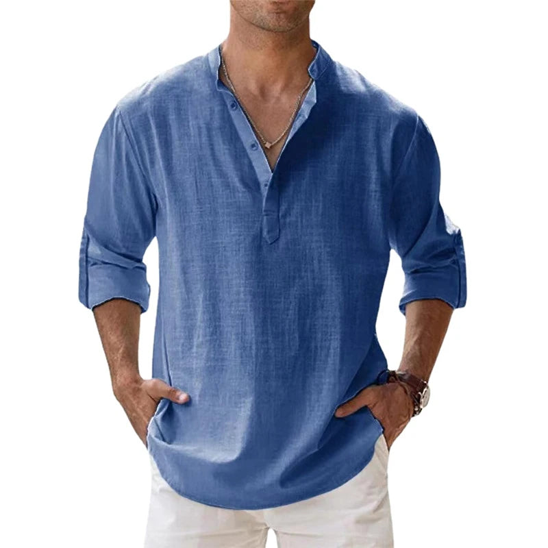 Men's Cotton Linen Henley Beach Shirt