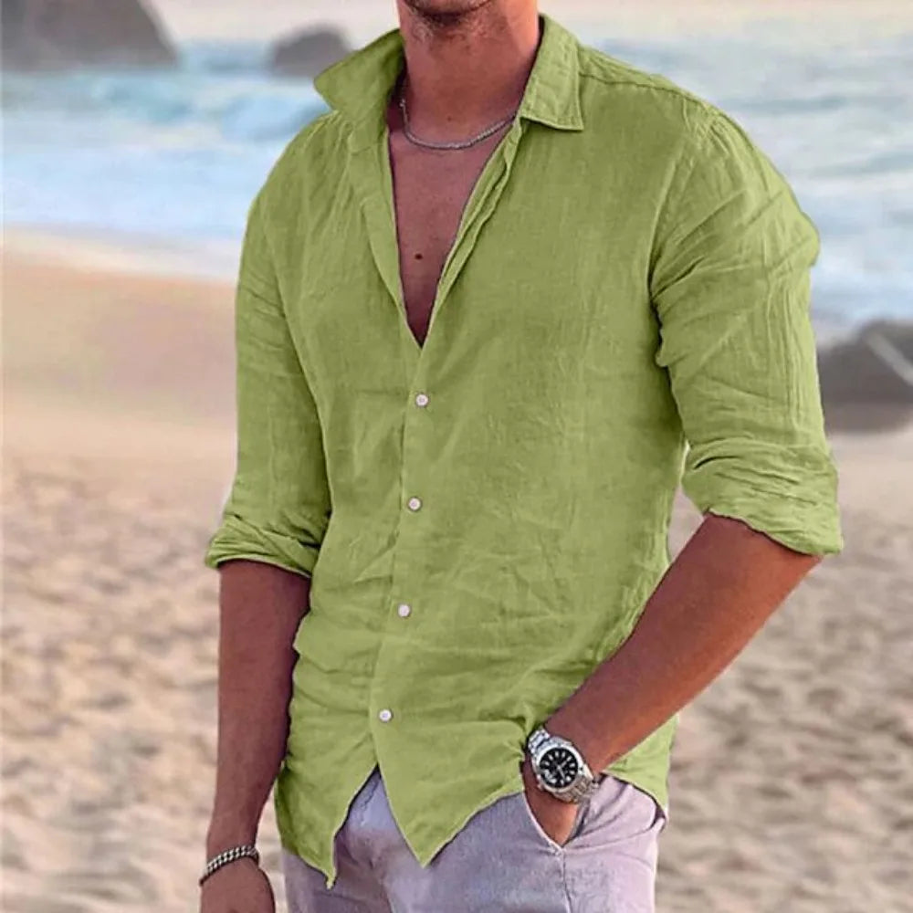 Men's Cotton Linen Polo Neck Beach Shirt